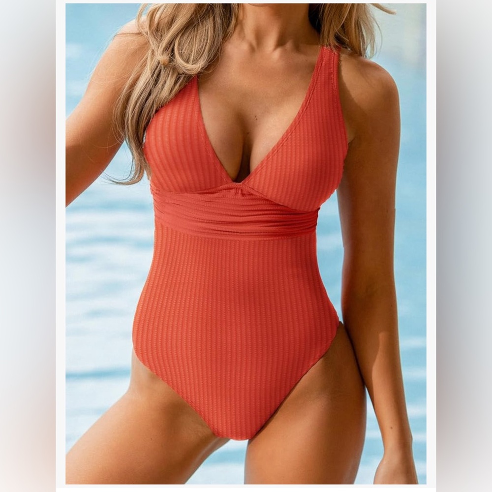 AMAZON Women's One Piece Swimsuit Wide Straps V Neck Ribbed Twist Back- Size L